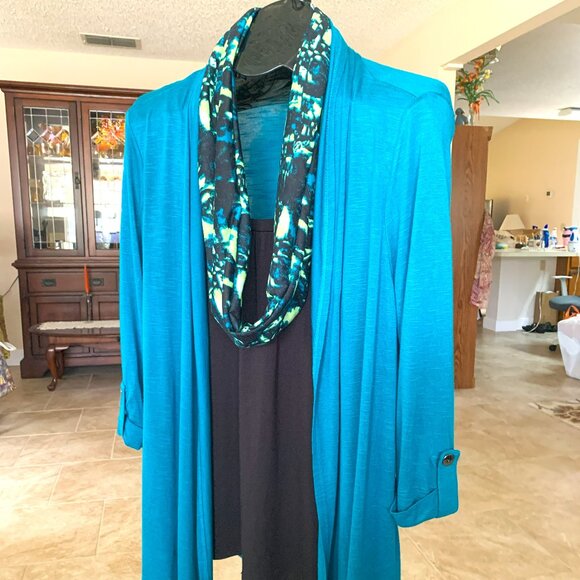 NWOT Coral Bay 3 Piece Attached Open Front Teal Sweater, Tank & Scarf size Large - Picture 3 of 8